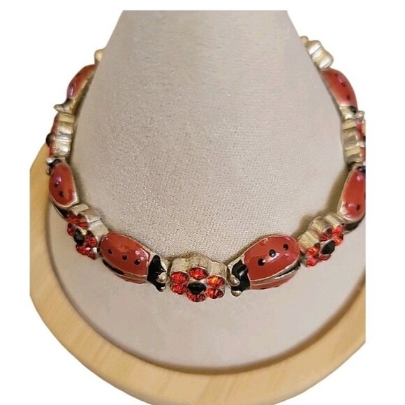 Y2K Red Enamel Ladybug Bracelet Silver Tone Rhinestone Flower Charm Stretch 7” - Picture 4 of 7